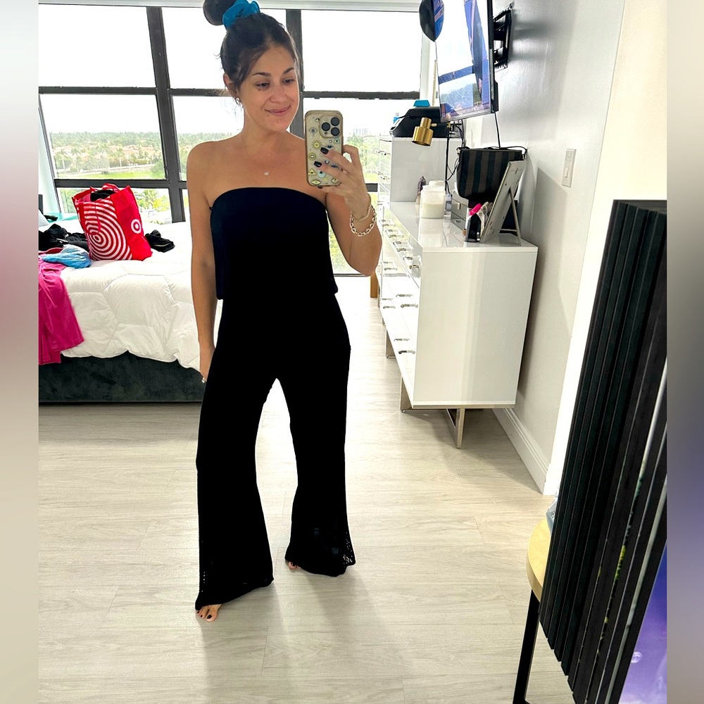 Black romper with mesh wide legs